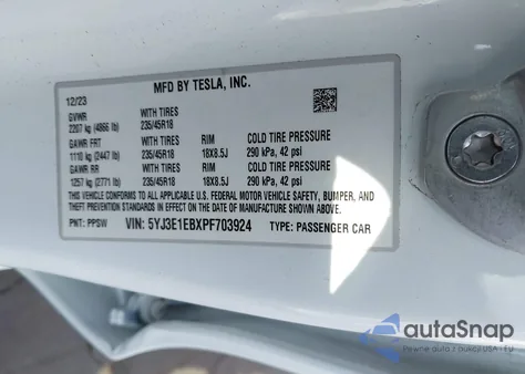2023 Tesla Model 3 from USA, damaged, VIN 5YJ3E1EBXPF703924